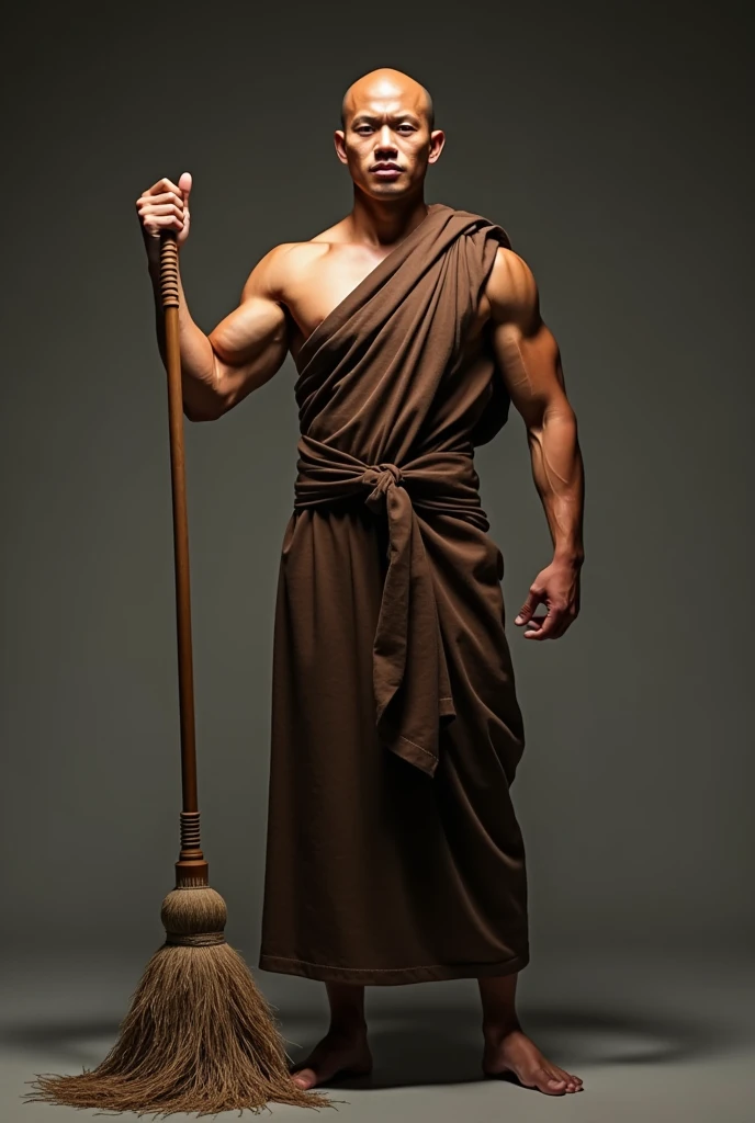 A muscular Thai monk holds a mop and flexes his muscles size 1x1