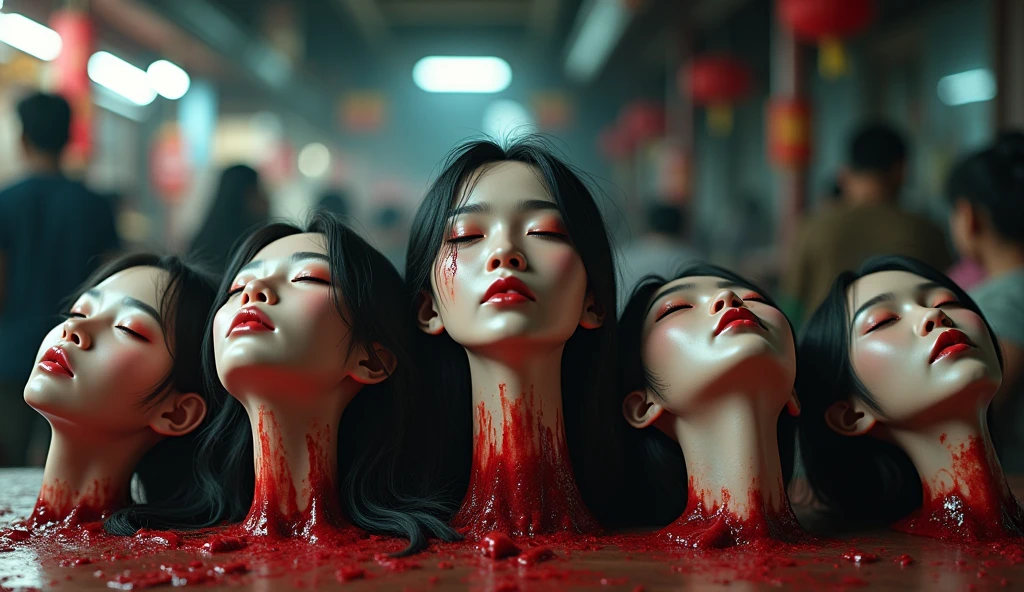 Horror, crazzy, Several decapitated heads of young woman, on a table, in a public market, full of blood, blood flowing, ((eyes closed)), bleeding, photorealistic, 4K, Nikon, horror, public market, beautiful asian face, realistic, hyper realistic