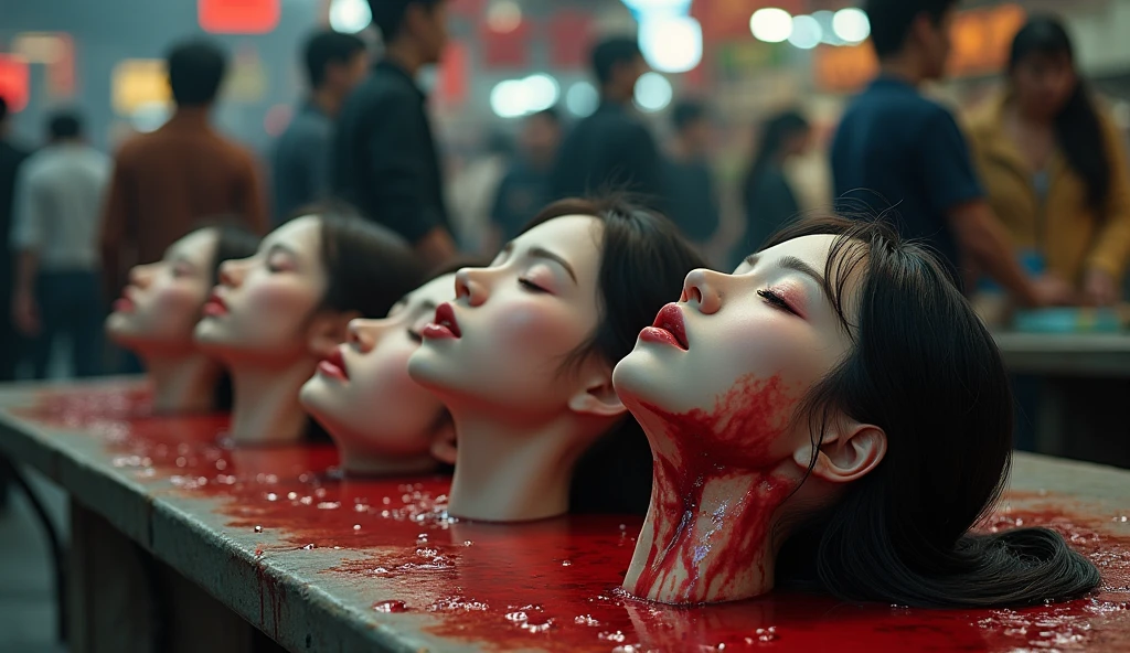 Horror, crazzy, Several decapitated heads of young woman, on a table, in a public market, full of blood, blood flowing, ((eyes closed)), bleeding, photorealistic, 4K, Nikon, horror, public market, beautiful asian face, realistic, hyper realistic