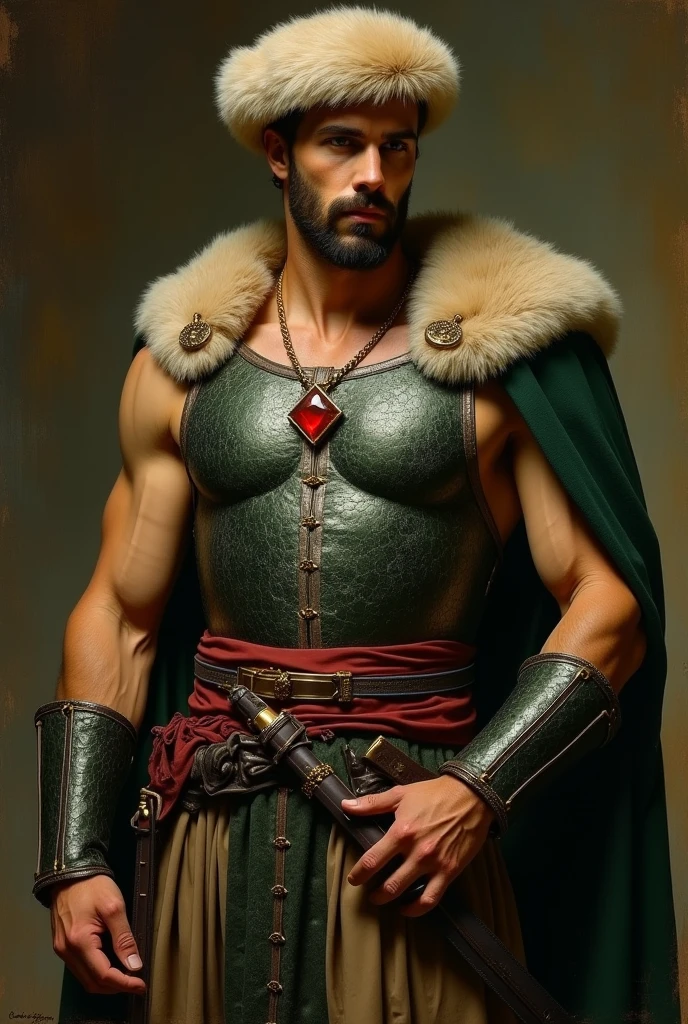 {{Masterpiece, best quality, oil painting, by Franz von Stuck, by James Tissot, by Moebius, male focus, muted colors}}, the composition is: ((((a dramatic half body portrait of a 30 years old ancient Roman guard, sexy, muscular, magnificent, wearing a beige Russian fur hat, he is wearing a red diamond shape pendant)))). (((((He is wearing a dark green lorica armor made of velvet, alligator leather, with ronin inspired elements, Slavic inspired elements, wearing a satin sash))))).
