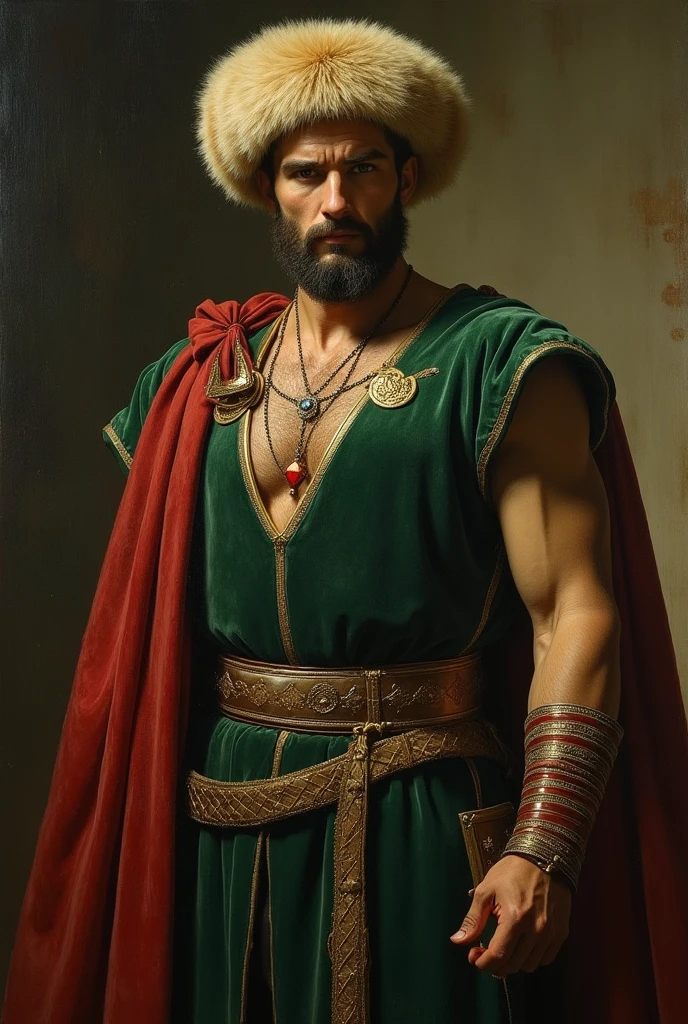 {{Masterpiece, best quality, oil painting, by Franz von Stuck, by James Tissot, by Moebius, male focus, muted colors}}, the composition is: ((((a dramatic half body portrait of a 30 years old ancient Roman guard, sexy, muscular, magnificent, wearing a beige Russian fur hat, he is wearing a red diamond shape pendant)))). (((((He is wearing a dark green lorica armor made of velvet, alligator leather, with ronin inspired elements, Slavic inspired elements, wearing a satin sash))))).
