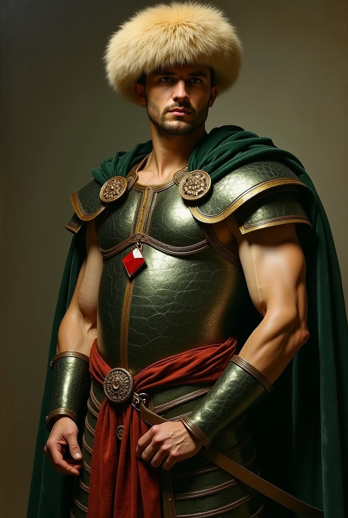 {{Masterpiece, best quality, oil painting, by Franz von Stuck, by James Tissot, by Moebius, male focus, muted colors}}, the composition is: ((((a dramatic half body portrait of a 30 years old ancient Roman guard, sexy, muscular, magnificent, wearing a beige Russian fur hat, he is wearing a red diamond shape pendant)))). (((((He is wearing a dark green lorica armor made of velvet, alligator leather, with ronin inspired elements, Slavic inspired elements, wearing a satin sash))))).