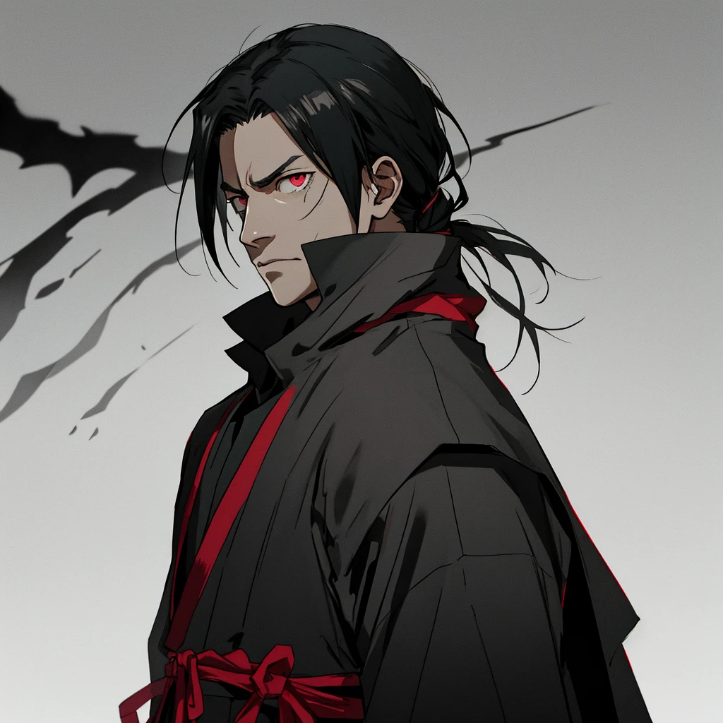 "Create an image of a character named Chavez, styled as Itachi Uchiha from Naruto. The character should be depicted with a dark, intense aura, wearing a traditional Uchiha cloak. His eyes should reflect a deep, brooding expression, and the background should be ominous and shadowy, emphasizing the character's mysterious and formidable presence. The overall mood should be dark and dramatic."
