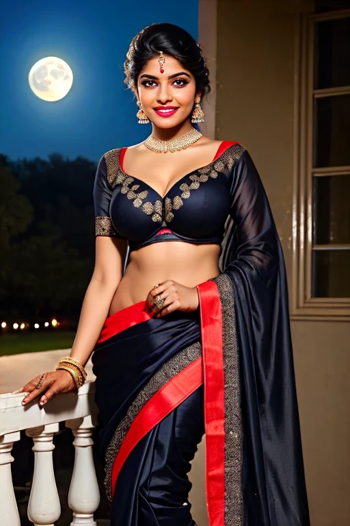 (best quality)), ((masterpiece)), (detailed), A very beautiful Indian woman with round breasts,and sexy curvy waist. Enjoying indian wedding. Wears black&red western saree with designer blouse with bra inside . Moon light, night time, winter time. detailed background l