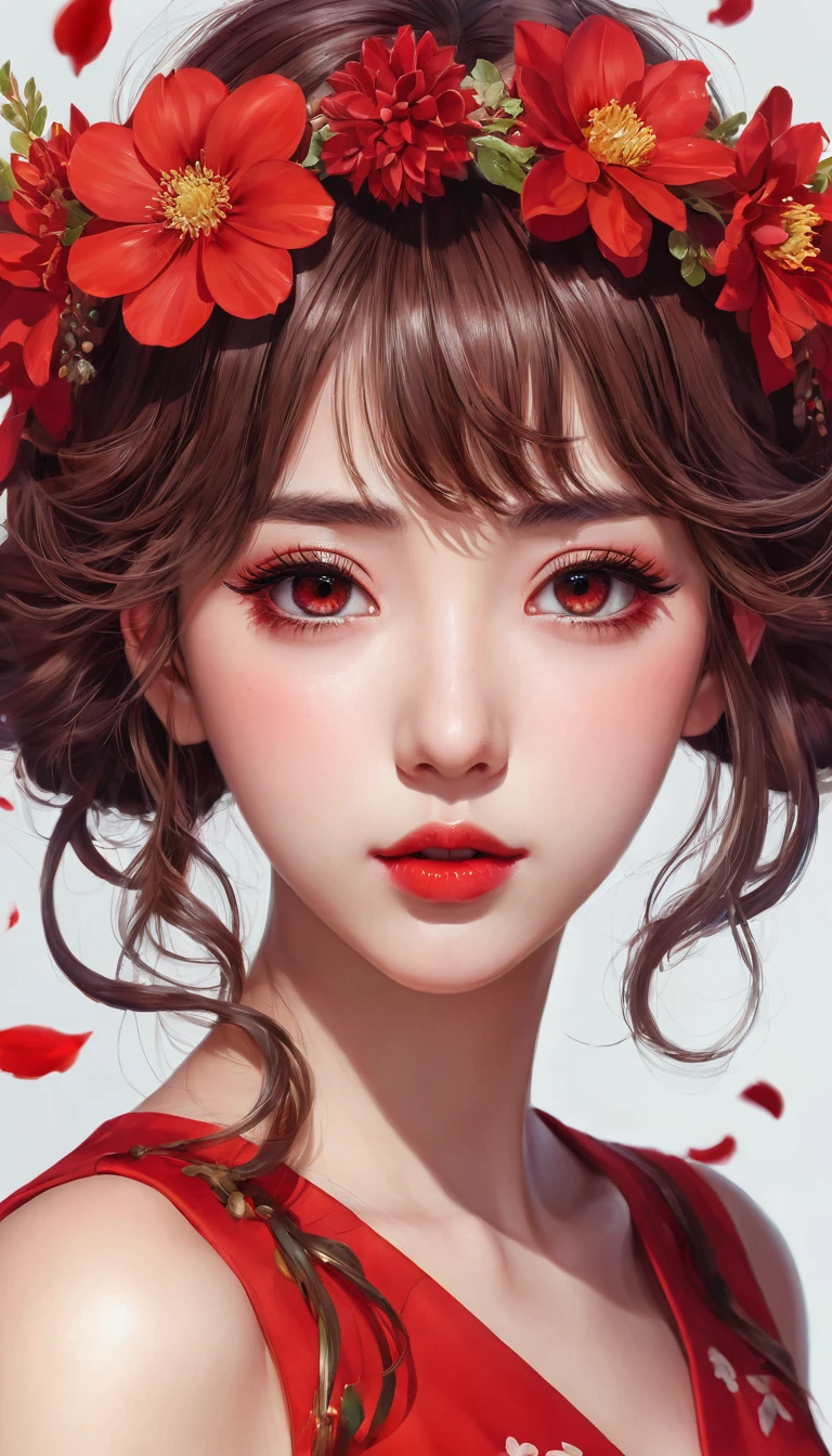 (masterpiece),(best quality:1.0), (ultra highres:1.0), detailed illustration, 8k, anime, 1girl, beautiful anime girl, wearing a red dress, flower crown, pretty face, detailed face, beautiful eyes, detailed eyes, dark red eyes, bright red lips, red lipstick, beautiful stylish hair, highlights in hair, bangs anime style, best quality, vibrant