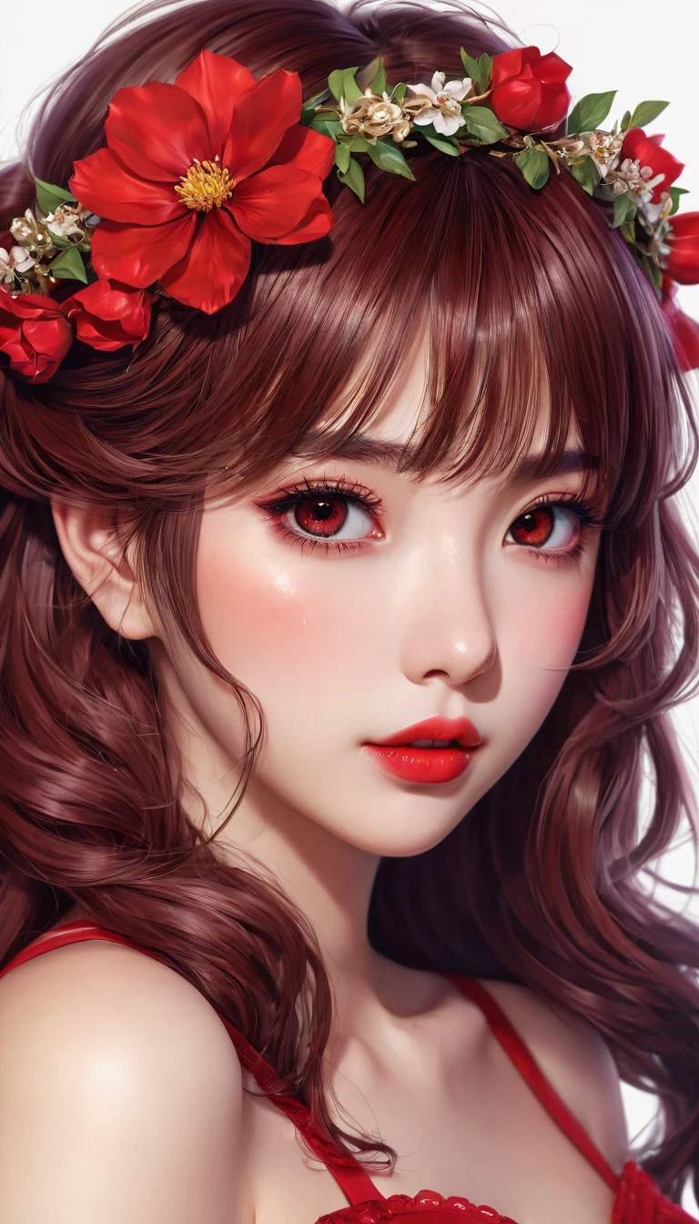 (masterpiece),(best quality:1.0), (ultra highres:1.0), detailed illustration, 8k, anime, 1girl, beautiful anime girl, wearing a red dress, flower crown, pretty face, detailed face, beautiful eyes, detailed eyes, dark red eyes, bright red lips, red lipstick, beautiful stylish hair, highlights in hair, bangs anime style, best quality, vibrant