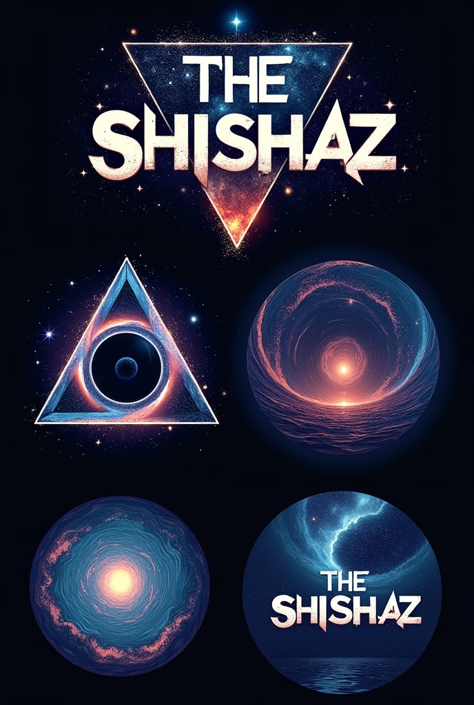 Create THE SHISHAZ best band logo for me like exploring universe, black hole, warm hole, stars, planet, milky way, multiverse, interstaller, constellation,parallel universe, time travel, time dilation, tesseract, another dimension, universe, music, orbit, moons, and much more other space stuffs make it in a triangle,oval rectangle and circle and use a good and visible fonts. Make it best of best and please use fonts for THE SHISHAZ band logo fonts in middle in with big in size make it wonderful 