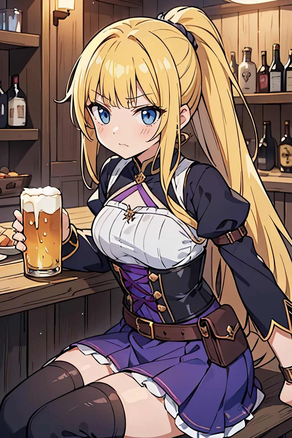 fairy_tail_style, solo, 1 girl, (young female body:1.4), (medium small breasts), golden yellow hair, extra long hair, blunt bangs, crystal blue eyes, very detailed eyes, cowboy shot, detailed eyes, tavern, bar, sitting, purple lilac dress, long sleeves, lilac corset, tigh high socks, medieval tavern, beer mug, black and purple dress, detached purple sleeves, black belt, belt pouch, belt chains, adventurer, black blouse, garter, black knee high boots, knees up, sitting squat, ponytail, leaning arm on table, elbow on counter