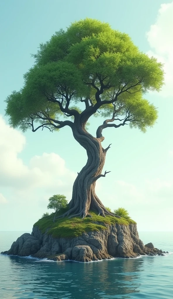 A majestic, gnarled tree stands alone on a tiny, rocky island, surrounded by vast, serene waters that gently lap at the shore, with a few wispy clouds drifting across a pale blue sky, the tree's twisted branches stretching towards the heavens, its rough bark a deep, weathered brown, its leaves a vibrant green, rustling softly in the breeze, the island's rough terrain covered in a scattering of green moss and a few scattered rocks, the tree's roots digging deep into the earth, a sense of peaceful isolation emanating from the scene, as if time stands still in this serene, idyllic world.