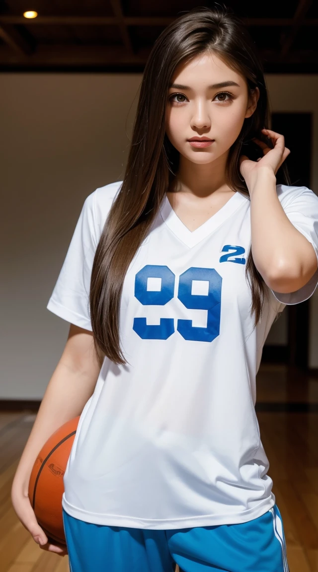 1 Standing Girl, Wearing a basketball shirt, Very detailed, Realistic, holding a ball, Age 27, Long Hair