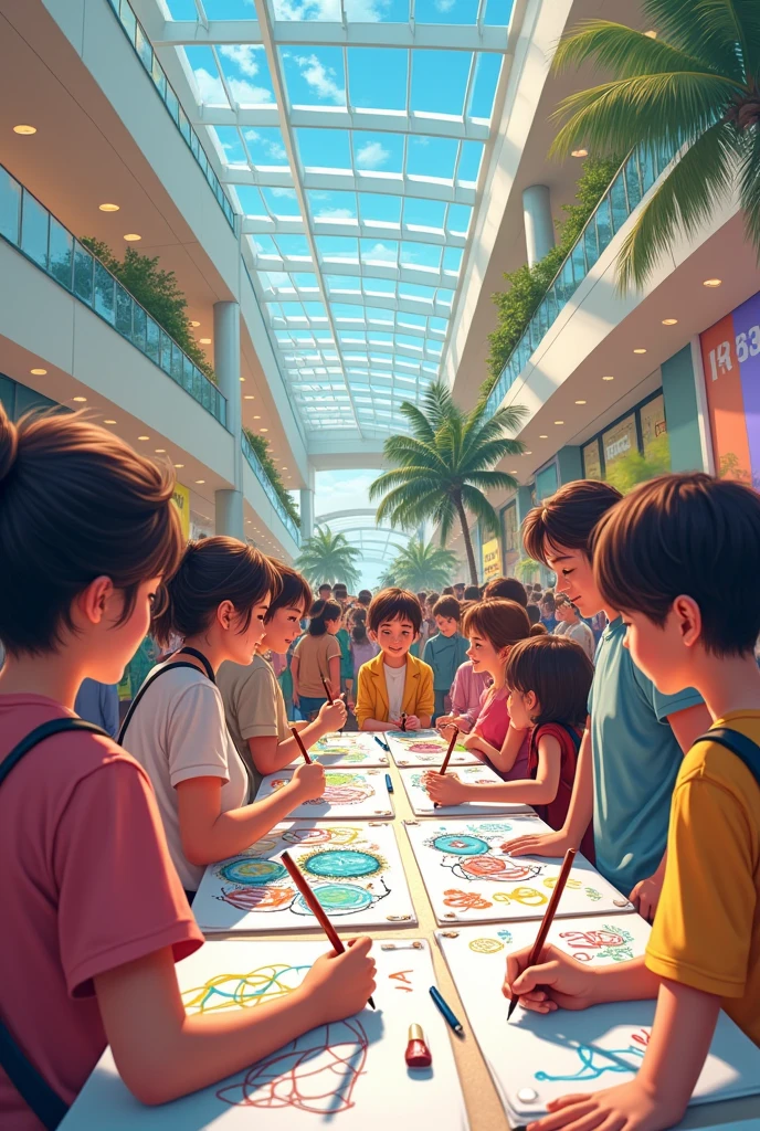 People in the mall having fun drawing