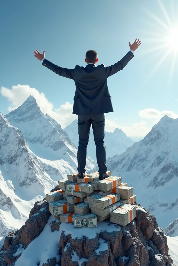 A man dressed in a suit sitting on the top of Everest with a lot of money next to him