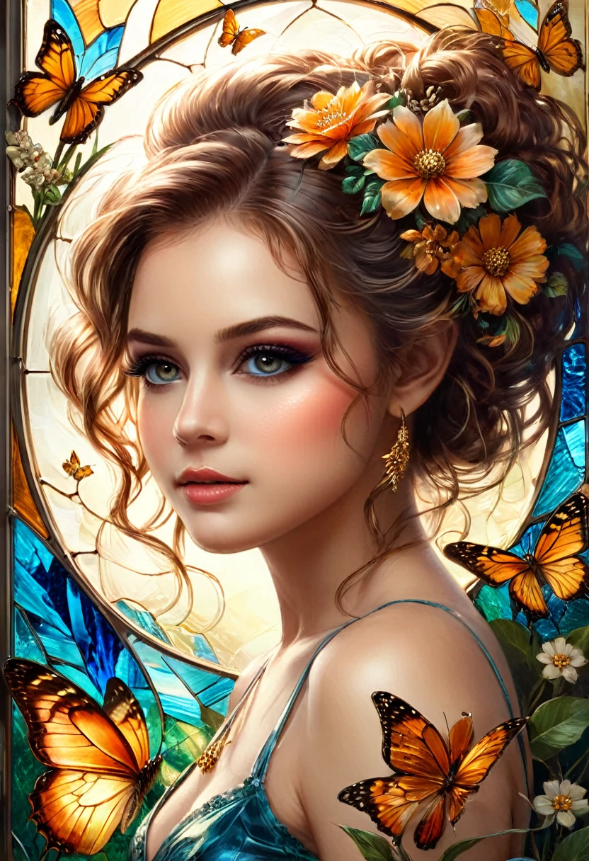 8k portrait of a beautiful and stunning girl, 23 years old, with intricate curly brown hair, detailed and sharp honey colored eyes, eyelashes and eyebrows 
 detailed and elegant, highly detailed, majestic, digital photography, artgerm art surreal painting golden butterfly filigree, broken colored stained glass, (masterpiece, side lighting, beautiful finely detailed eyes: 1.2), hdr, (detailed background window for a new dimension, plants and flowers: 0.7) infinity, infinity symbol.