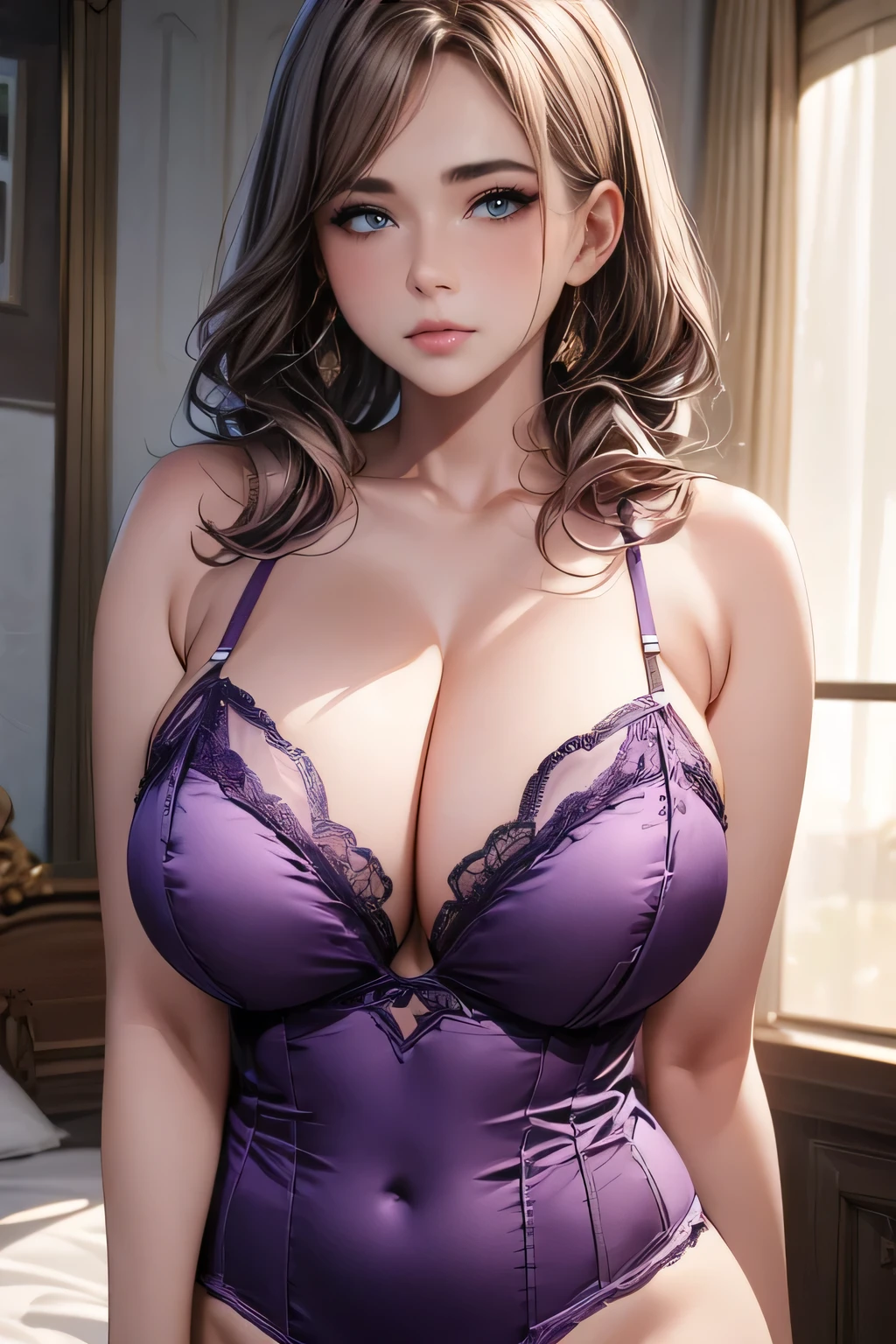 8K high resolution, masterpiece, accurate, Anatomically correct, Winner of numerous awards, high quality, High-resolution model, high quality, Very detailed, Ultra high definition, Textured skin, One woman,,solo,Beautiful face, perfect woman,((big eyes, droopy eyes::1.2))Very large breasts, Very big buttocks,In underwear,(purple Satin fabric shines,lingerie:1.5))Shortcuts, bangs, Brown Hair, Twin tails, Cowboy Shot,indoor,bedroom,