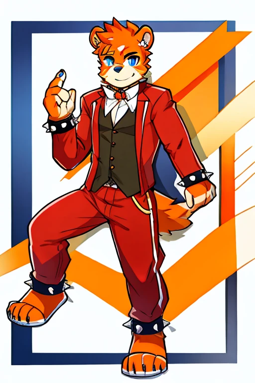 Orange and white fur bear, blue eyes, Red Waistcoat, Red pants, with spiked bracelets, con piercings