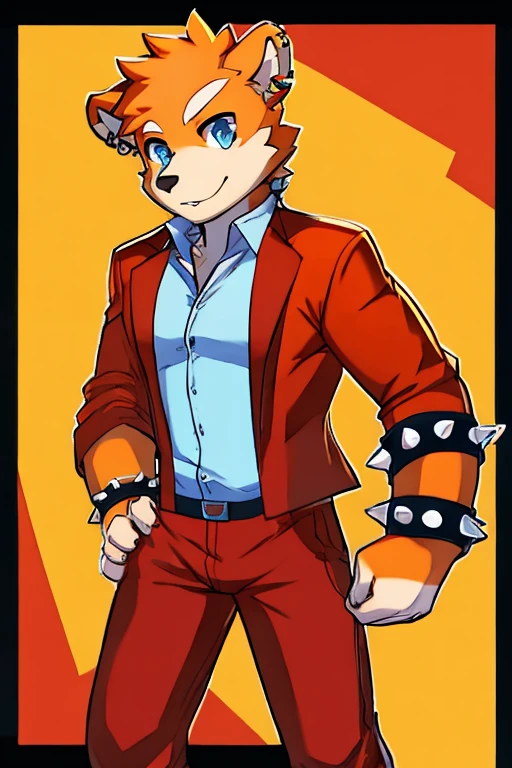 Orange and white fur bear, blue eyes, Red Waistcoat, Red pants, with spiked bracelets, con piercings