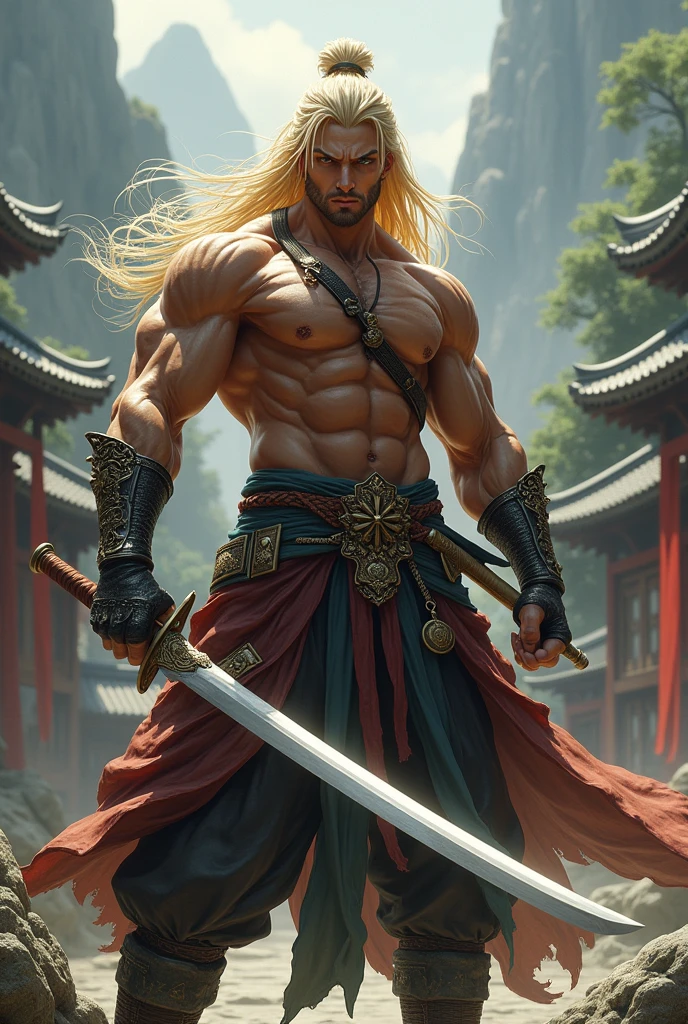 LnF.strong man and powerful swordsman to destroy any enemy, long hair and golden, oriental eyes, cold and intelligent personality