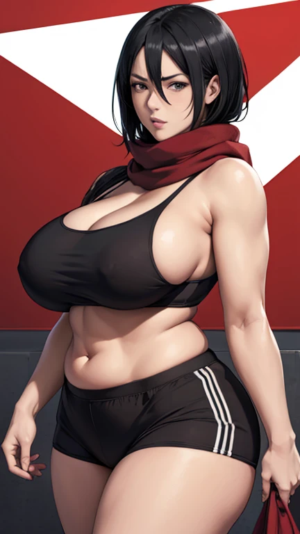 (best quality, masterpiece), Mikasa Ackerman, black hair, large breasts, busty, chubby figure, large breasts, solo , red scarf, boxing, in ring, sports bra, standing, big breasts, cleavage, shorts, sweat looking_at_viewer