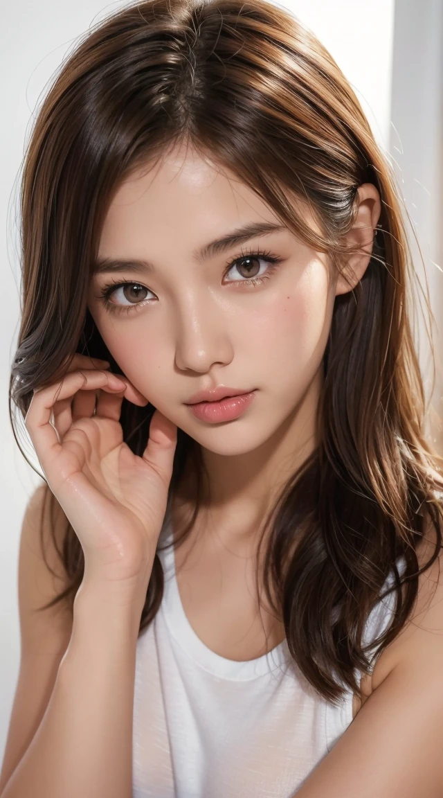 Asian, beautiful, thin, cute, 30th Generation, beautiful Face, beautiful Skin, actress, mature, Upper Body, Light brown hair, thin髪, Live Action, masterpiece, Highest quality, Highly detailed CG Unity 8K wallpaper, Ultra-high resolution, Casual Fashion, Lighting, Summer Fashion, (Natural brown hair: 0.8), (Puffy eyes), Watch the audience, turn around, Bleached Hair, Model pose, White Background, Delicate skin types, Light curly hair, Put your hands around your mouth, White T-shirt, Hair model photo