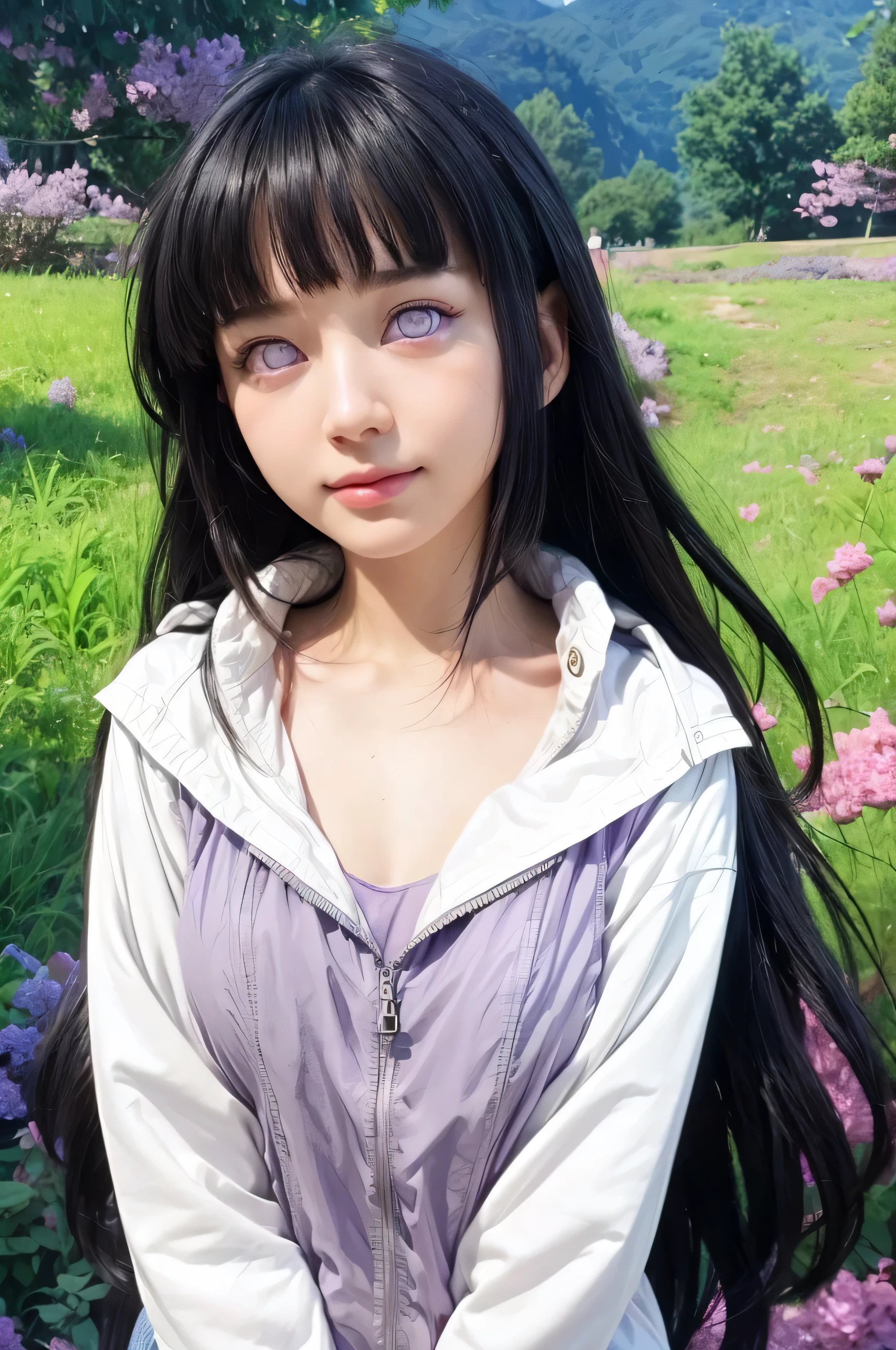 masterpiece, best quality, (realistic,photo-realistic:1.4), (RAW photo:1.2), extremely detailed CG unity 8k wallpaper, delicate and beautiful, amazing,finely detail, official art, absurdres, incredibly absurdres, huge filesize, ultra-detailed,extremely detailed eyes and face,light on face,hinata,(little smile),(black hair:1.4),(short hair:1.4),(wearing jacket:1.5),(nature background:1.4),(light purple eyes:1.5)