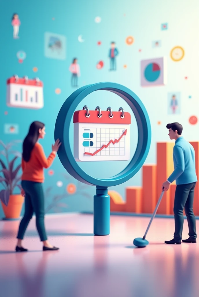 Create me a picture for a post on Instagram and Facebook:The background is bright with graphs and icons of people. text: "Define your audience = good luck in SMM!" Additional elements: magnifying glass, directed towards the schedule.