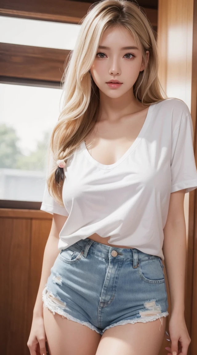 Realistic, High resolution, 1 girl, White Wavy Hair, Korean, heterochromatic eyes, Small mole under eye, Loose white shirt, Skinny denim shorts, Large Breasts, Thighs, A masterpiece where you can see the underwear, realism