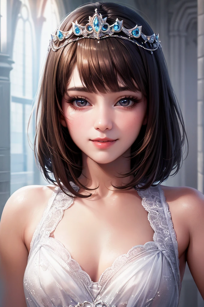 (Highest quality:1.5), (Realistic:1.5), (1 person:1.5), (medium wide shot:1.5), Very detailed, High resolution, 8k wallpaper, , Small breasts, Natural color lips, Cute Smile, Japanese women, 20-year-old girl, Beautiful and elegant face, Perfect and beautiful face, Big eyes, Brunette's eyes, Beautiful and elegant face, Perfect and beautiful double eyelids, Natural Bangs, Beautiful thin nose, Beautiful Skin, Chestnut Hair, Medium Bob Hair, Shortcuts, Natural Bangs, Perfect and beautiful face, Slim face and figure, (Looking into the camera), Bright lighting, Professional Lighting, Forward lighting, Natural smile, church, White Wedding Dress, tiara、Beautiful cleavage、