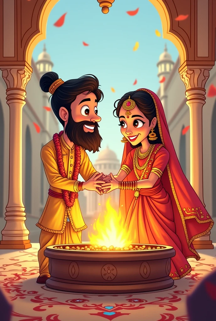 Bride and groom with beard 
Rotate around agni kund for 
Marriage  ritual
Cartoon 