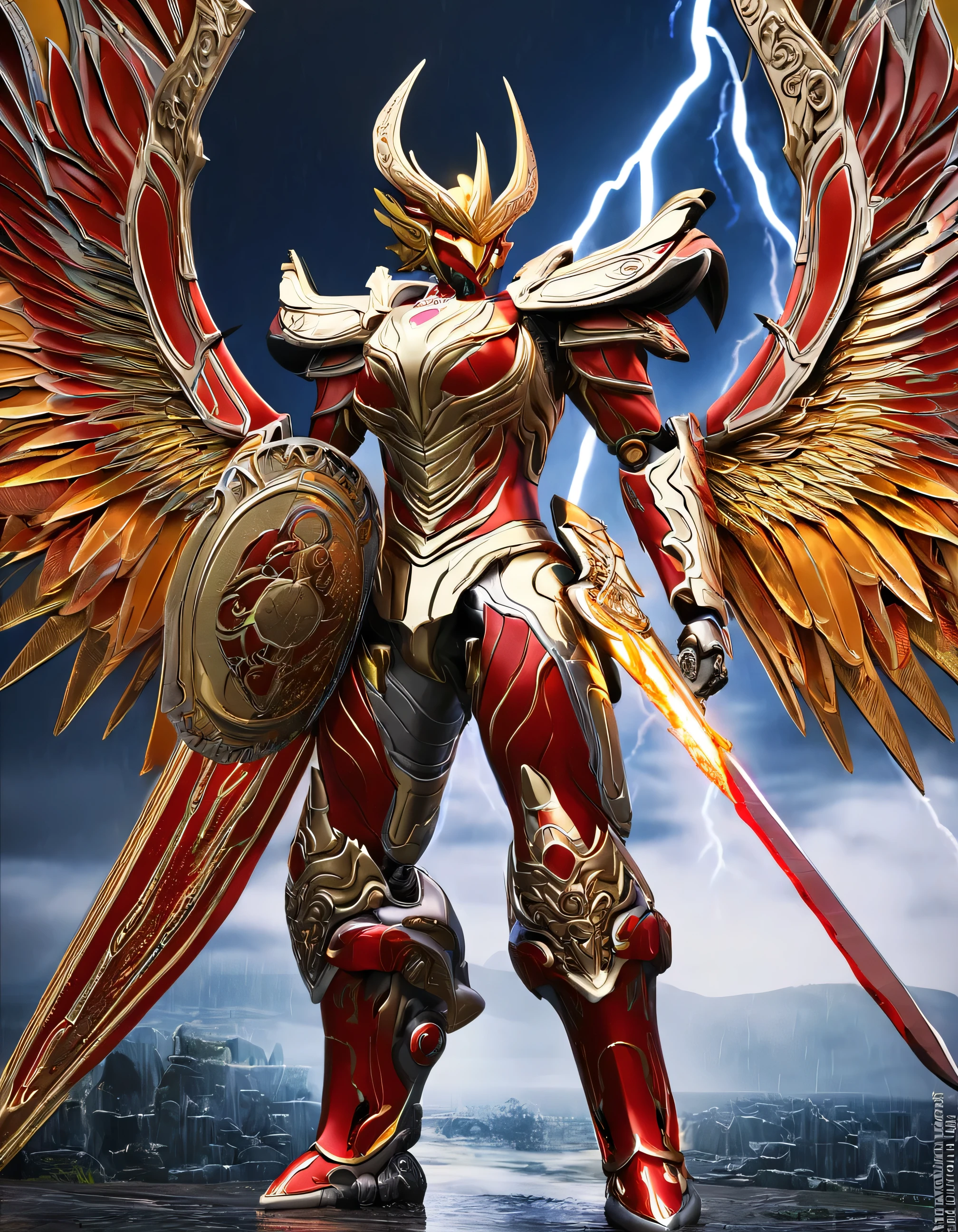 close up of robot with wings on surface, prajurit phoenix, saint seiya unreal engine rendering, phoenix solarpunk, white and red armor, detailed cosmic angel robot, a flying scarlet phoenix, glowing mecha armor, ancient dragon armor yang rumit, ancient dragon armor, intricate white and gold armor, mecha wings, high fantasy kamen rider, god king art ai, Holding the Pancasila Shield in his left hand and a long, ancient, fiery red Keris, perpfect detail. hyper realistic, 4k, ALREADY. ultra detail, Hyper maximalism, fantasy, Badass, very detail, lightning and rain,