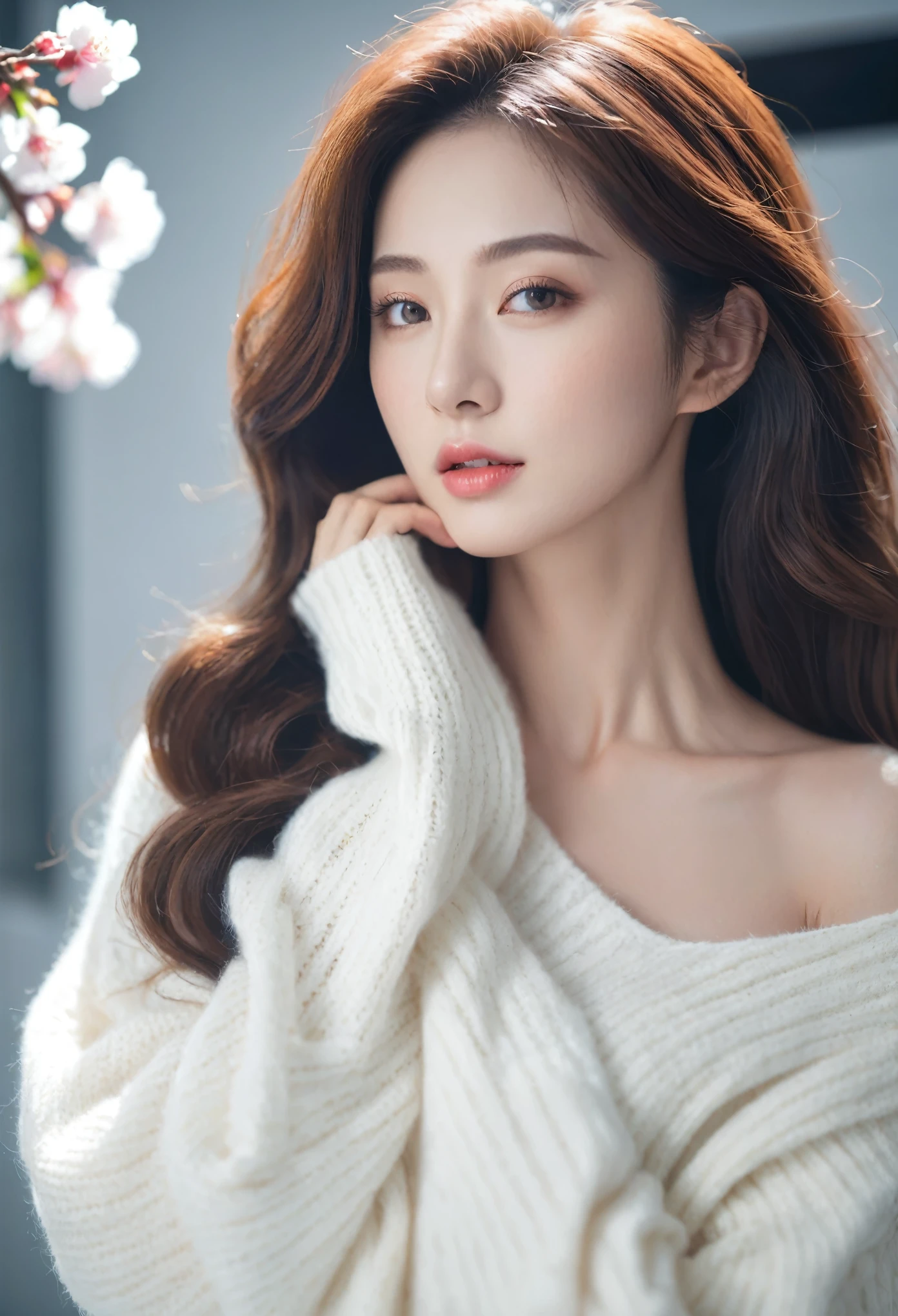 Beautiful woman facial features three-dimensional face if peach blossom gentle moving big chest long curly hair white sweater space station