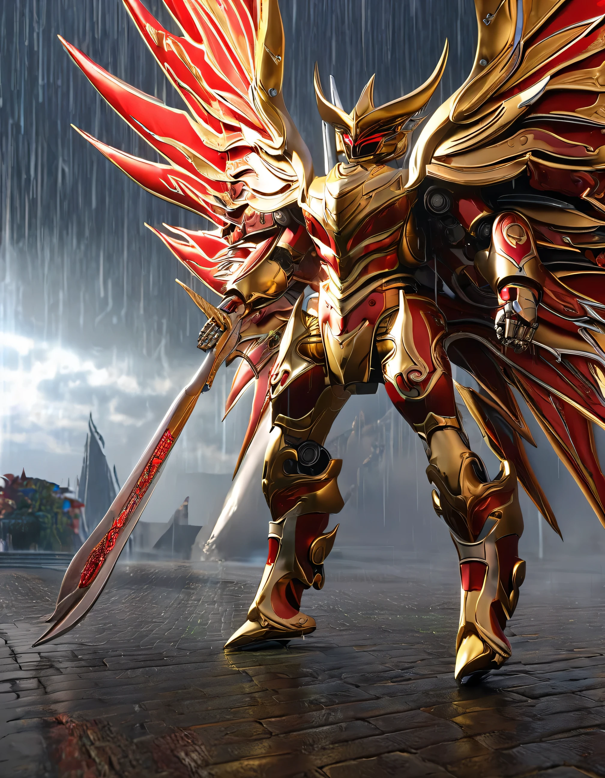 close up of robot with wings on surface, prajurit phoenix, saint seiya unreal engine rendering, phoenix solarpunk, white and red armor, detailed cosmic angel robot, a flying scarlet phoenix, glowing mecha armor, ancient dragon armor yang rumit, ancient dragon armor, intricate white and gold armor, mecha wings, high fantasy kamen rider, god king art ai, Holding the Pancasila Shield in his left hand and a long, ancient, fiery red Keris, perpfect detail. hyper realistic, 4k, ALREADY. ultra detail, Hyper maximalism, fantasy, Badass, very detail, lightning and rain,