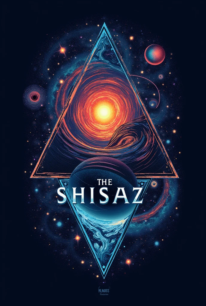 Create THE SHISHAZ best band logo for me like exploring universe, black hole, warm hole, stars, planet, milky way, multiverse, interstaller, constellation,parallel universe, time travel, time dilation, tesseract, another dimension, universe, music, orbit, moons, and much more other space stuffs make it in a triangle,oval rectangle and circle and use a good and visible fonts. Make it best of best and please use fonts for THE SHISHAZ band logo fonts in middle in with big in size make it wonderful 