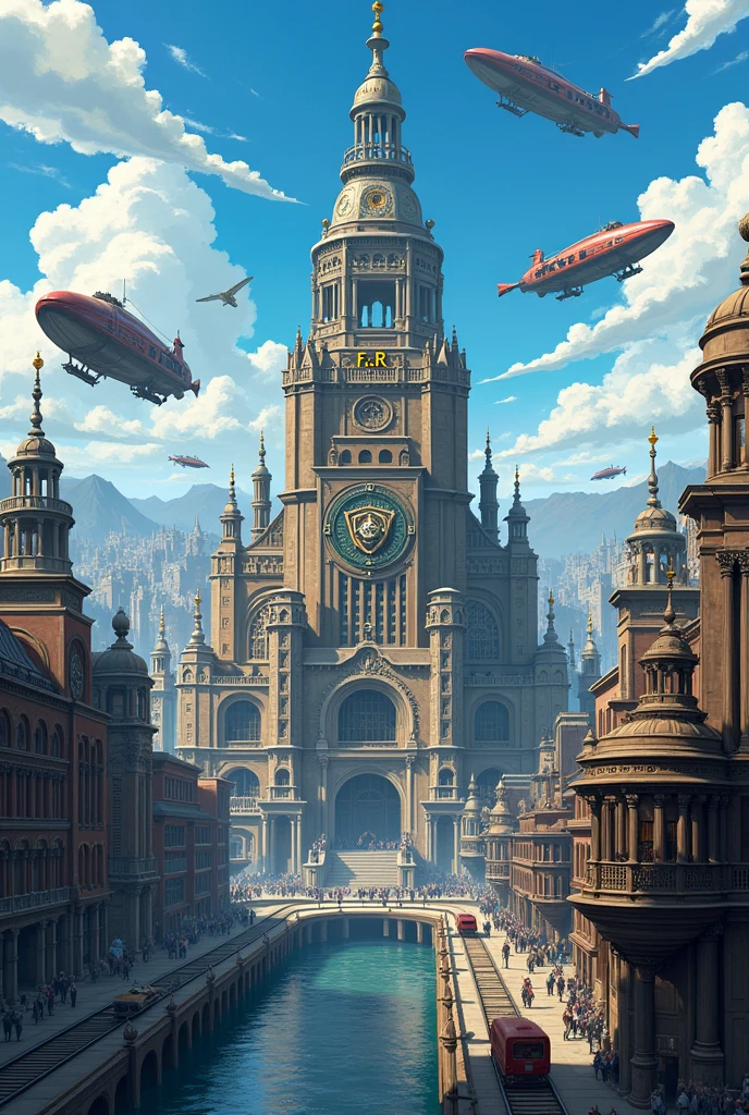 A city with airships in the sky, trains on the lines, a busy traffic, a river cutting through its center and a building similar to a train station, with a sign written "F.c.R" with a hexagon insignia. In steampunk anime style