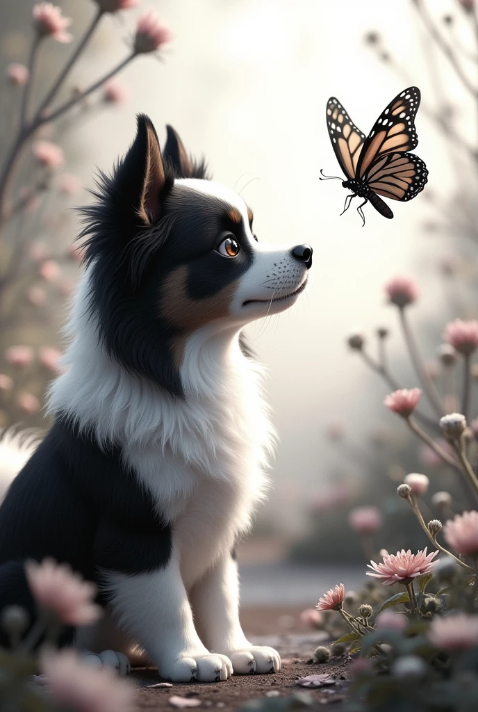 Create a black and white dog, her hairs are: Black head hair around the head and ears and goes up to the eyes and the rest is all white, she has a big white lock on her head. White neck fur and white paws, the middle hair has a large black strand that goes all the way to her tail, but she has a big white lock on one of her thighs all the way down to her paw. She has brown eyes. Ela é de porte pequeno mesmo tendo 5 anos
Faça está cachorra olhando para uma borboleta 🦋
Faça ela em lugar grande com flores e plantas bonitas