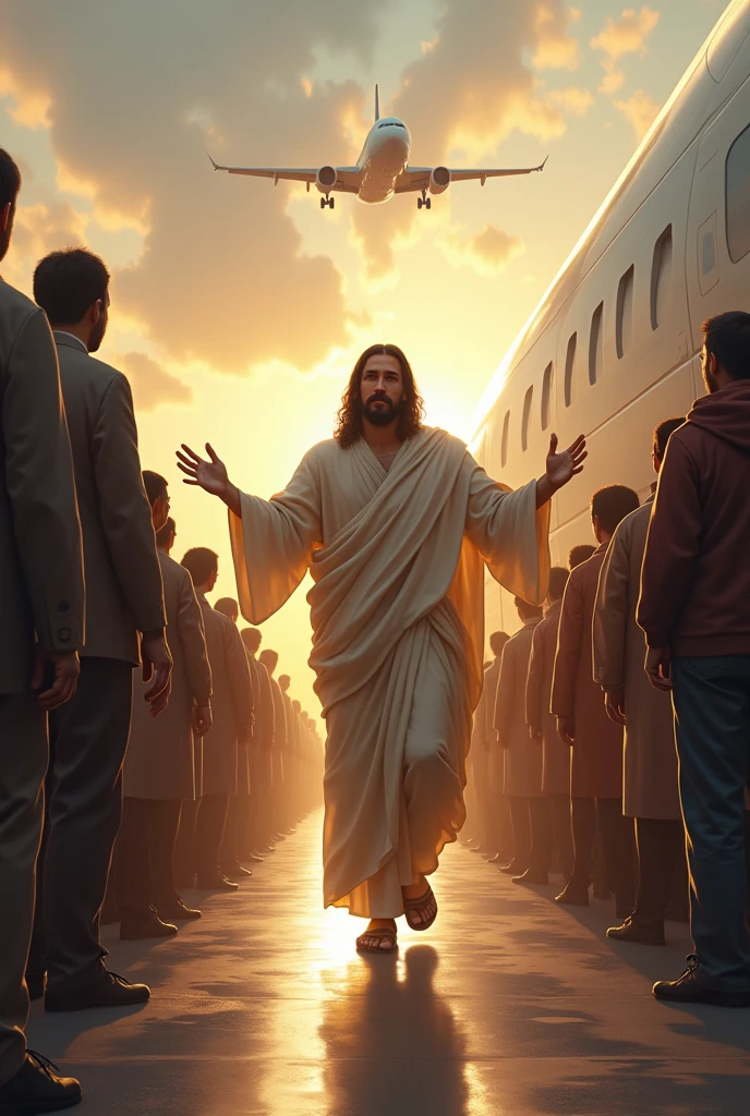 Jesus receiving a line of people leaving a plane