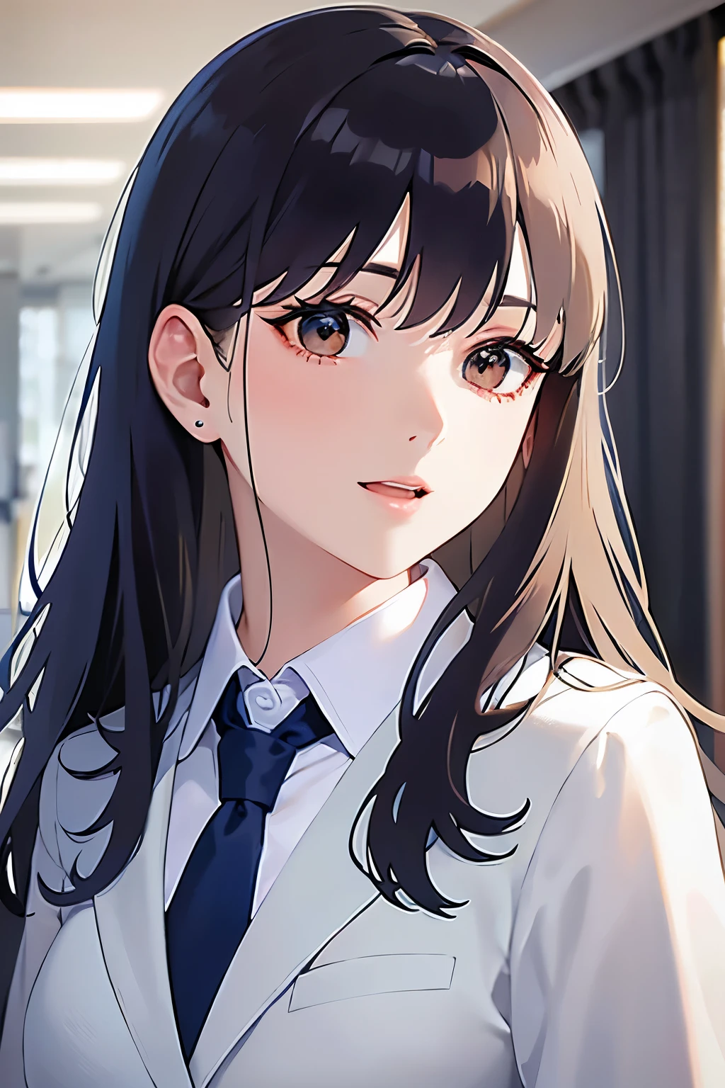 side angle, upper body, Realistic, real person, (pale skin: 1.2), RAW photo, photorealistic, shiny skin, shiny hair、(A 25-year-old woman with medium-length hair and bangs) and (wavy hair) and (brown hair) and (orange eyes) , BREAK (Navy blue business suit:1.5) and (white collared shirt) BREAK、smile, open mouth, Background is an office room、Alone、Are standing