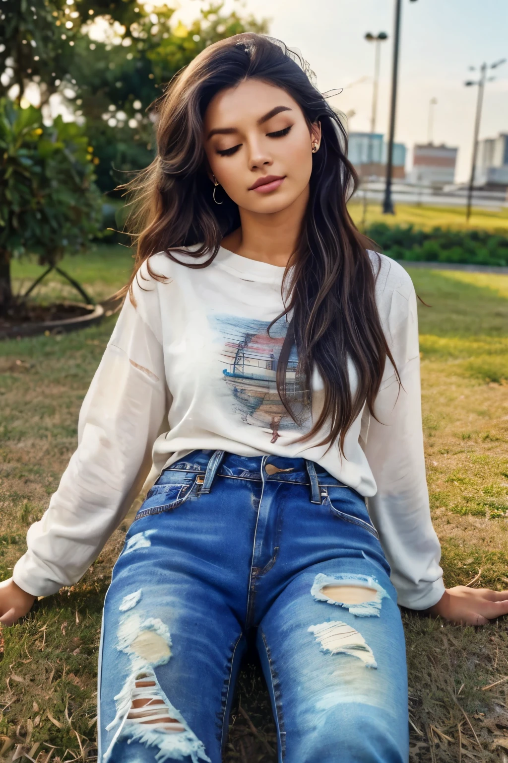 1 (wearing distressed jeans salopette:1.3), Lie down on the grass, Overhead camera, sharp focus, handsome, skinny,professional lighting,city,rendered eyes,tall body,adult woman,hair ornament,instagram most viewed,official wallpaper, official art,(kpop idol), half-closed eyes,building,((photorealistic painting art by midjourney and greg rutkowski)),((supermodel)), 