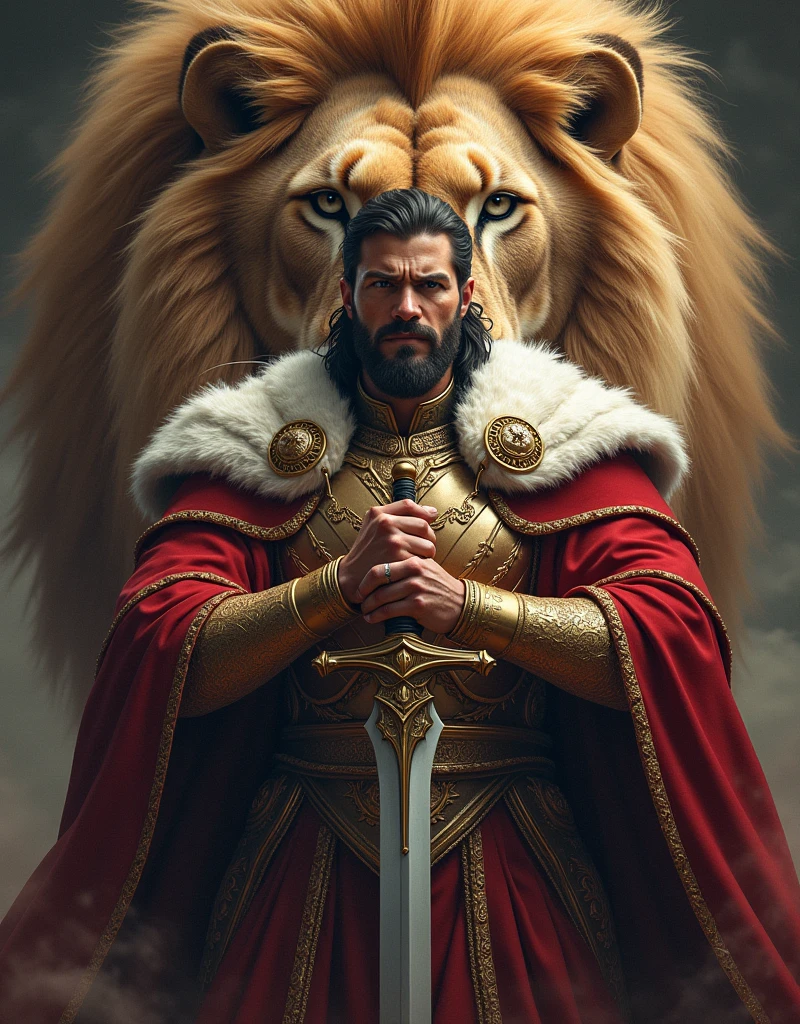 Royal Man with sword and the background is lion with text named Lawrex