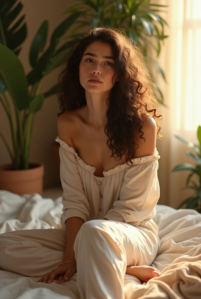 (photorealism:1.2), beautiful woman, sitting on bed, wearing loose off-shoulder top, pajama pants, long curly hair, indoors, soft lighting, plants in background, window with sunlight, cozy room, relaxed pose, realistic, intricate details, warm colors, by Greg Rutkowski, by Alphonse Mucha