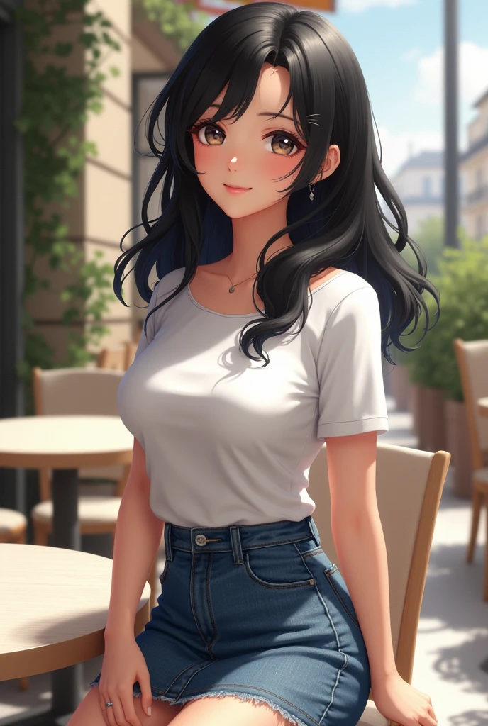 1 girl,(black hair semi-long)(beautiful hair), actress, smile, shiny skin, best quality, masterpiece, (photorealistic:1.4), terrace seating, Europe, France, Paris, denim mini skirt (realistic fabric), white short sleeves (cotton fabric), (no logo), thin fingers
