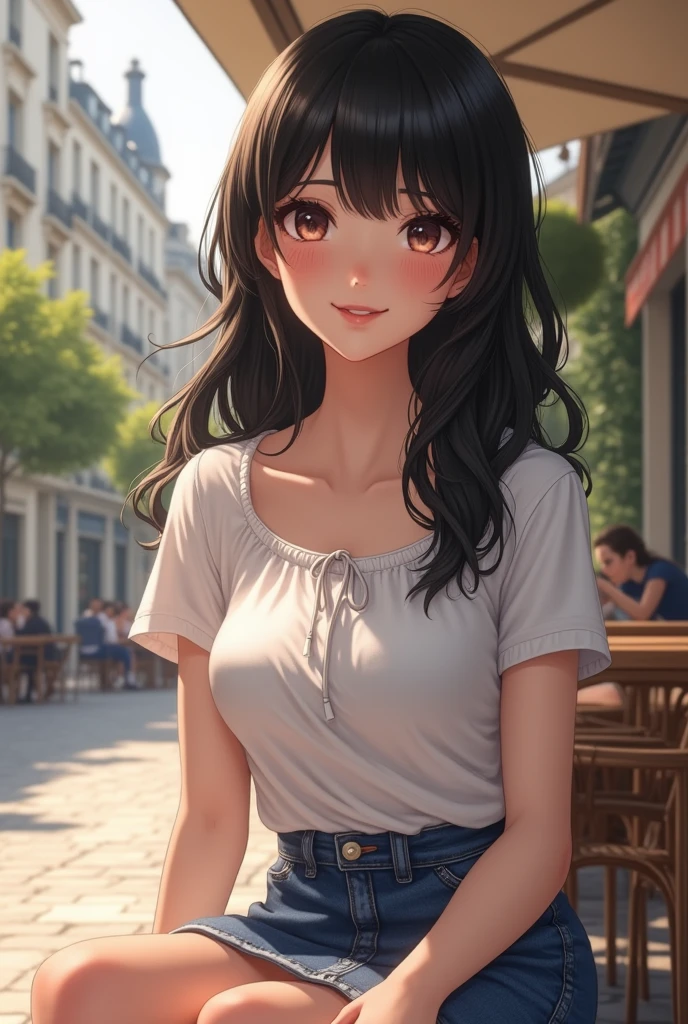 1 girl,(black hair semi-long)(beautiful hair), actress, smile, shiny skin, best quality, masterpiece, (photorealistic:1.4), terrace seating, Europe, France, Paris, denim mini skirt (realistic fabric), white short sleeves (cotton fabric), (no logo), thin fingers