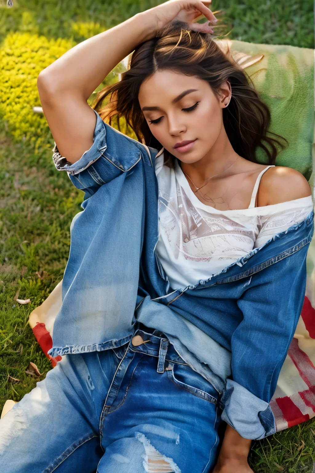 1 (wearing distressed jeans salopette:1.3), Lie down on the grass, Overhead camera, sharp focus, handsome, skinny,professional lighting,city,rendered eyes,tall body,adult woman,hair ornament,instagram most viewed,official wallpaper, official art,(kpop idol), half-closed eyes,building,((photorealistic painting art by midjourney and greg rutkowski)),((supermodel)), 