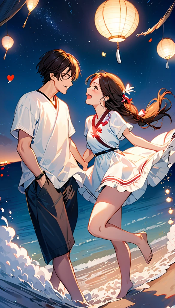 (Highest quality、Very detailed、Real:1.37)、humor、Seaside、night、Starry Sky、Manga style、Desaturate、Girls and boys、Fun couple、Laughter、Floating Love、