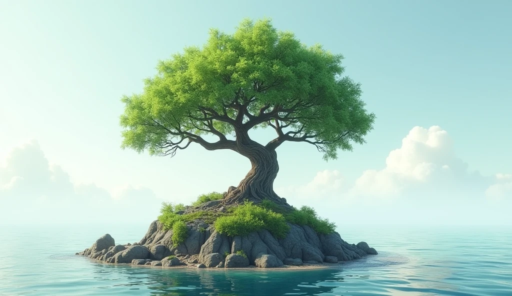 A majestic, gnarled tree stands alone on a tiny, rocky island, surrounded by vast, serene waters that gently lap at the shore, with a few wispy clouds drifting across a pale blue sky, the tree's twisted branches stretching towards the heavens, its rough bark a deep, weathered brown, its leaves a vibrant green, rustling softly in the breeze, the island's rough terrain covered in a scattering of green moss and a few scattered rocks, the tree's roots digging deep into the earth, a sense of peaceful isolation emanating from the scene, as if time stands still in this serene, idyllic world.