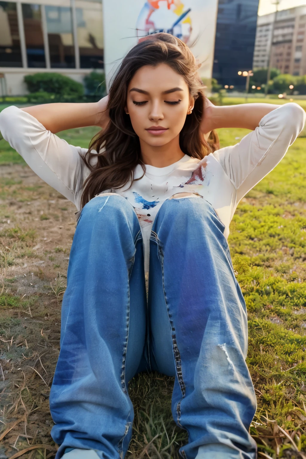 1 (wearing distressed jeans salopette:1.3), Lie down on the grass, Overhead camera, sharp focus, handsome, skinny,professional lighting,city,rendered eyes,tall body,adult woman,hair ornament,instagram most viewed,official wallpaper, official art,(kpop idol), half-closed eyes,building,((photorealistic painting art by midjourney and greg rutkowski)),((supermodel)), 