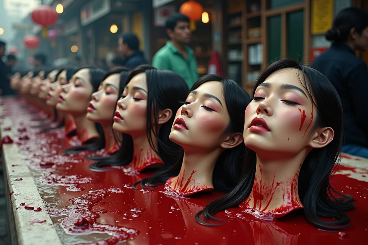 Several decapitated heads of beautiful women, on a table, in a public market, full of blood, blood flowing, ((eyes closed)), bleeding, photorealistic, 4K, Nikon, horror, public market, beautiful asian face, realistic, hyper realistic