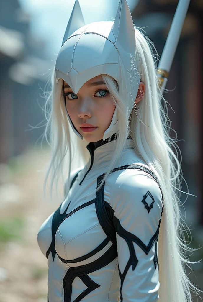 Superhero, modern superhero costume, white bat costume, black stripes on the sides, camouflage functions, integrate special LED plates or coatings in the costume with the ability to change color like a chameleon, style like the black bat costume, costume for a girl, ninja, with Chinese sword, beautiful Chinese girl, albino girl, light blue eyes, Chinese girl with fringes, character masculine, kind, brave, determination, on the battlefield, atmospheric perspective, motion blur, 8k, super detail, the best quality, UHD, high detail
