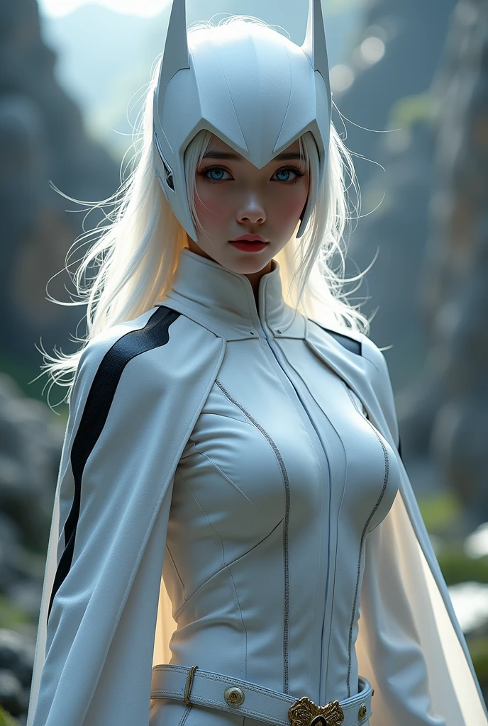 Superhero, modern superhero costume, white bat costume, black stripes on the sides, camouflage functions, integrate special LED plates or coatings in the costume with the ability to change color like a chameleon, style like the black bat costume, costume for a girl, ninja, with Chinese sword, beautiful Chinese girl, albino girl, light blue eyes, Chinese girl with fringes, character masculine, kind, brave, determination, on the battlefield, atmospheric perspective, motion blur, 8k, super detail, the best quality, UHD, high detail
