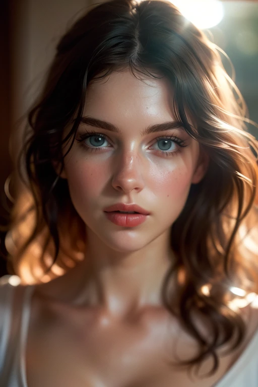 (((ultra realistic))) Photo, masterpiece, top quality, (pale skin), (Ultra detailed face and eyes:1.3), 1 girl, Adult, in a T-shirt, (Eye makeup, mascara) , ((large detailed lips)), ((ash wavy hair)), ((Chyolka)) , (Natural breasts), Slim waist. ((Posing)), photoshoot, studio (soft lighting), (The play of light and shadows), depth of field, bokeh, (special attention to skin detail: 1.2), Detailed leather texture, skin pores. (Airy atmosphere of the frame. Color range - delicate, Bright, white, Pink tones), UDR, ((Film grain)), ((rays)), ((glare of the sun)), ((medium shot)) , ultra detialed,