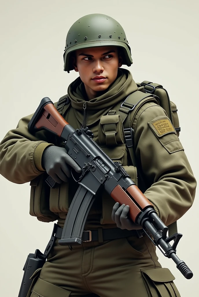 Make image of an qarmy boy with open mouth littel agressive face fair skin wearing helmet age 25    holding gun in his HAND STANDING STRAIT ak 47

Use this immage only but not with cartoon look 
And full sleves
